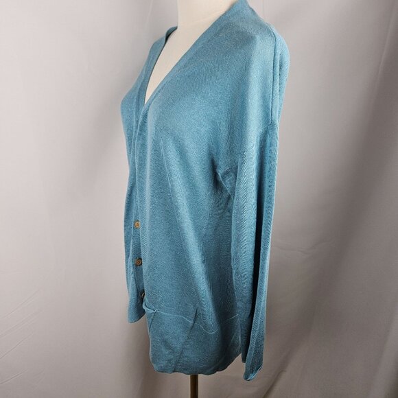 J. Jill Teal Cardigan Medium Petite Linen Cotton Blend Long Sleeve Pockets - Picture 2 of 9